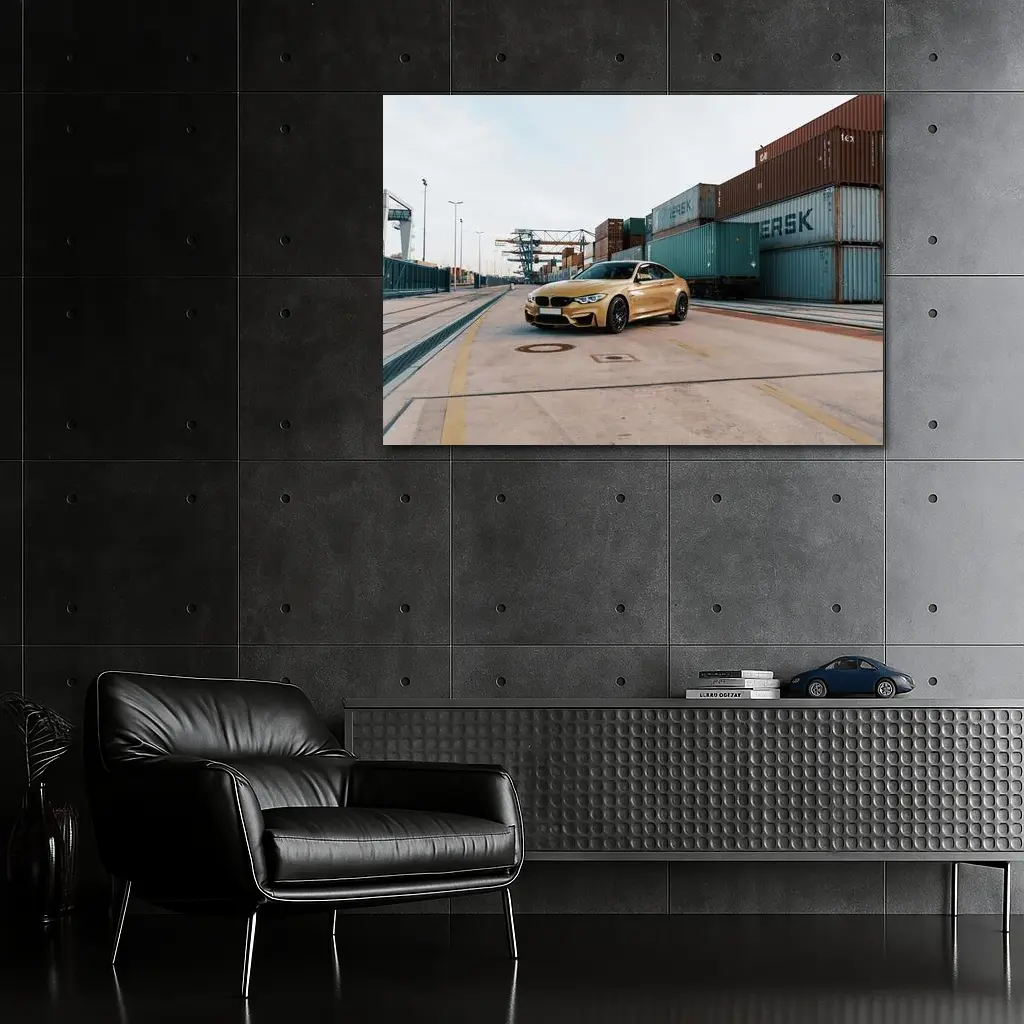 BMW M4 Gold at Industrial Port – Wall Art