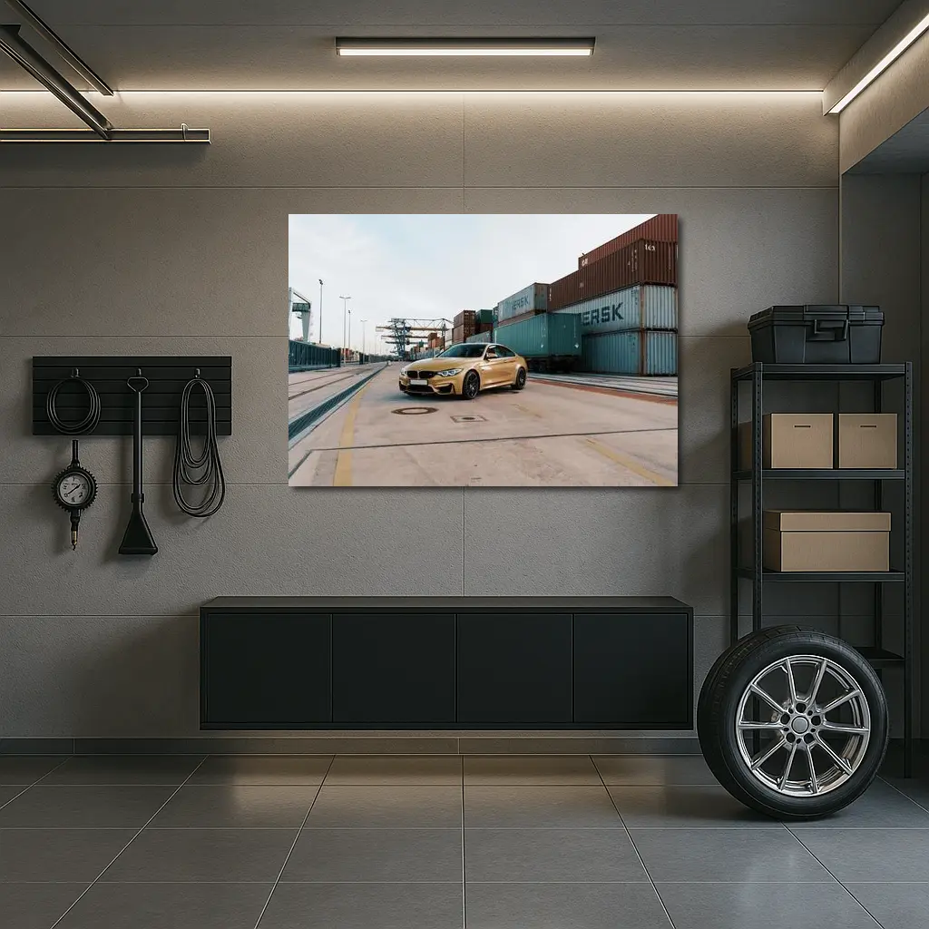 BMW M4 Gold at Industrial Port – Wall Art