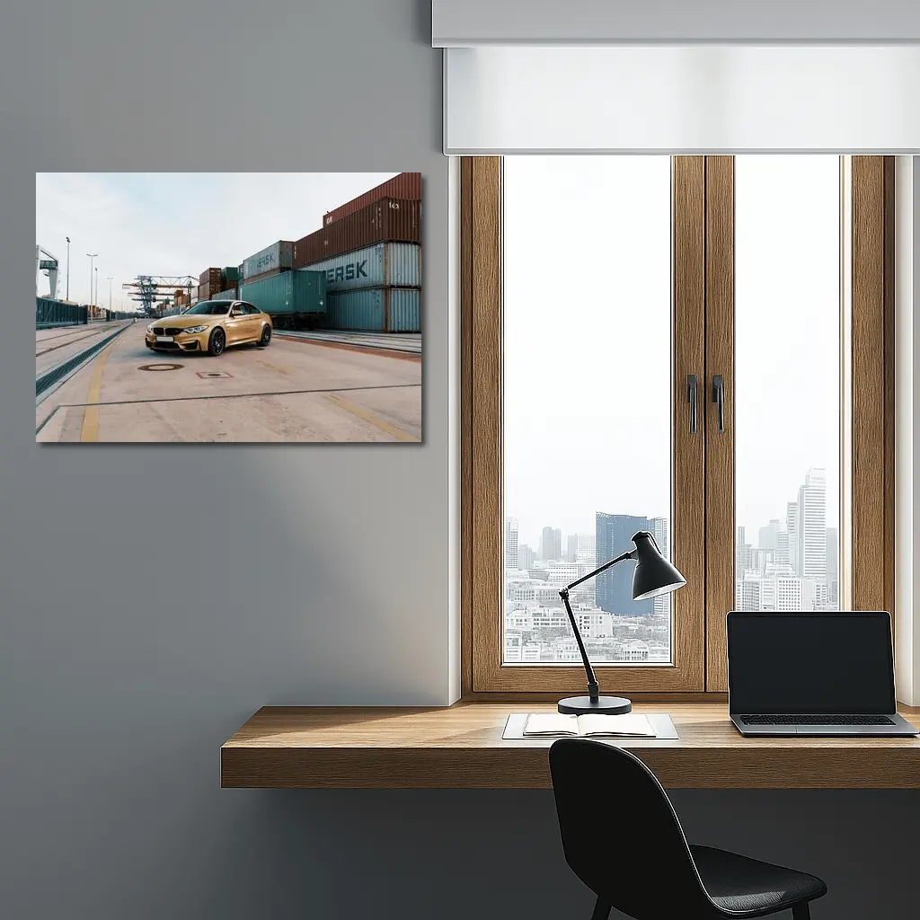 BMW M4 Gold at Industrial Port – Wall Art