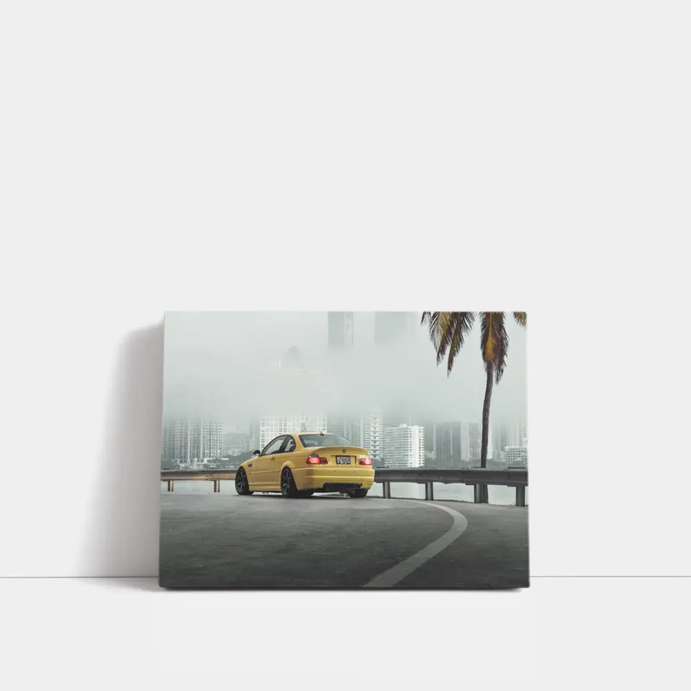 BMW M3 Yellow Coupe Foggy City Street – Wall Art
