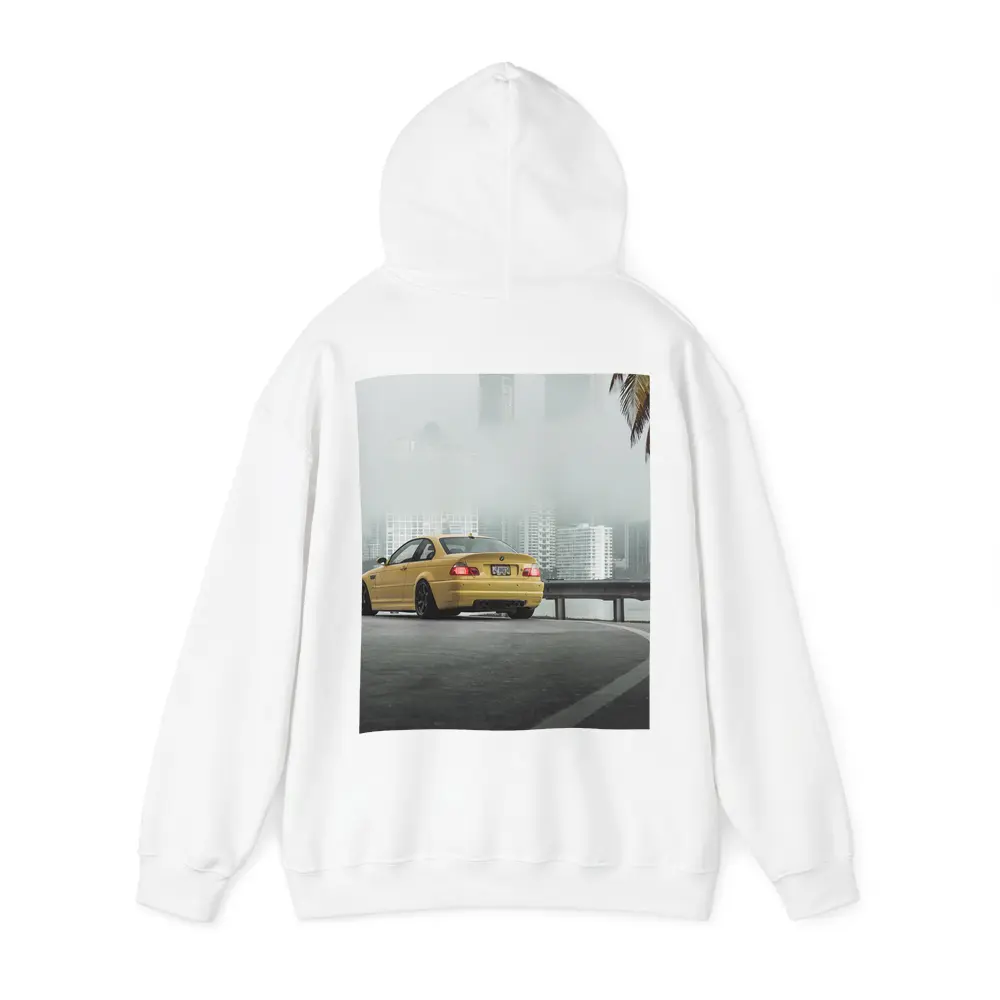 BMW M3 Yellow Coupe Foggy City Street – Hoodies