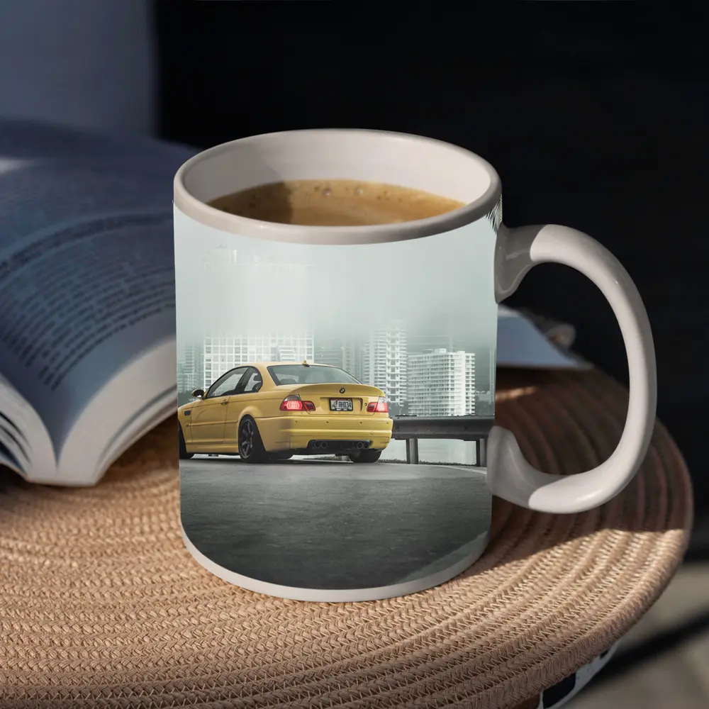 BMW M3 Yellow Coupe Foggy City Street – Mugs