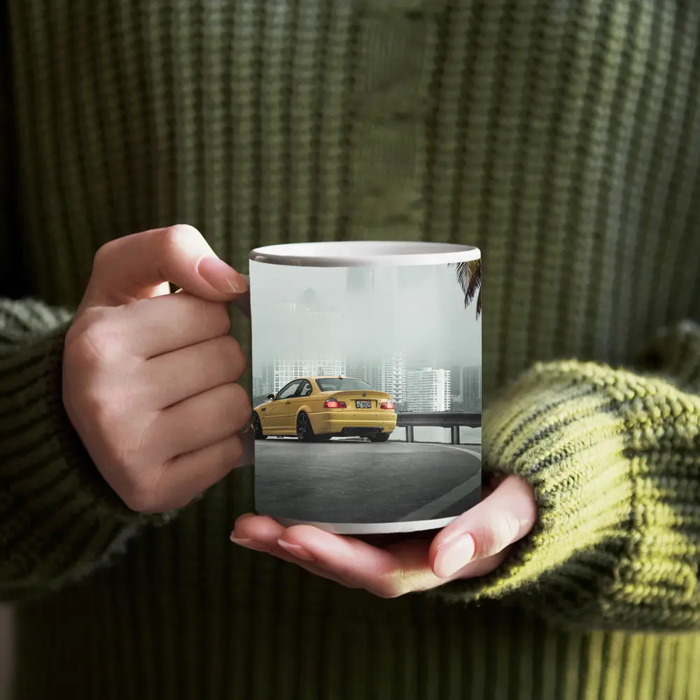 BMW M3 Yellow Coupe Foggy City Street – Mugs