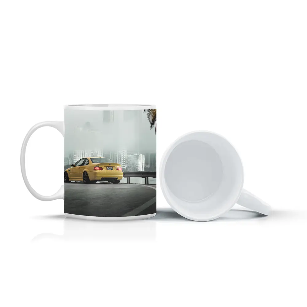 BMW M3 Yellow Coupe Foggy City Street – Mugs
