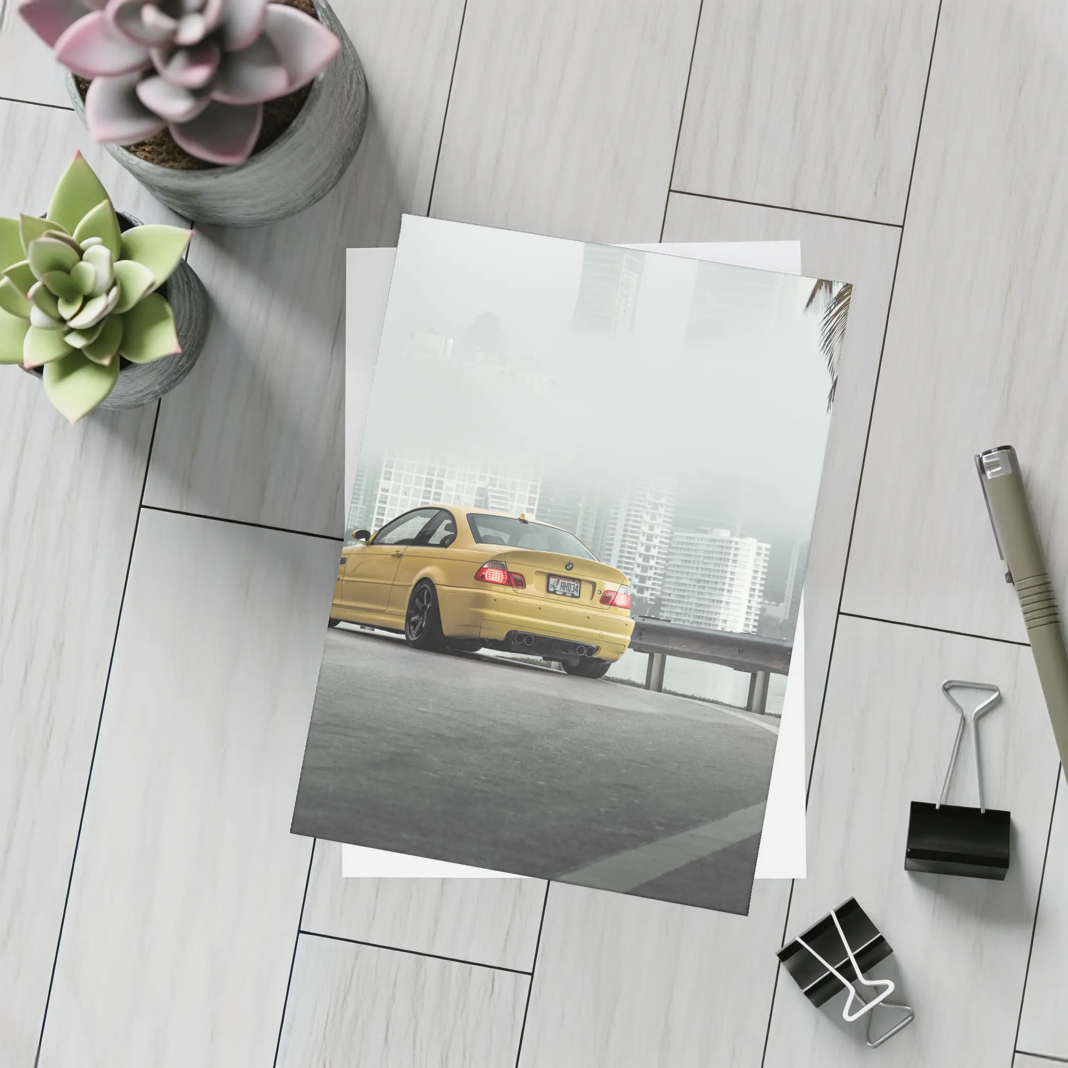 BMW M3 Yellow Coupe Foggy City Street – Postcards