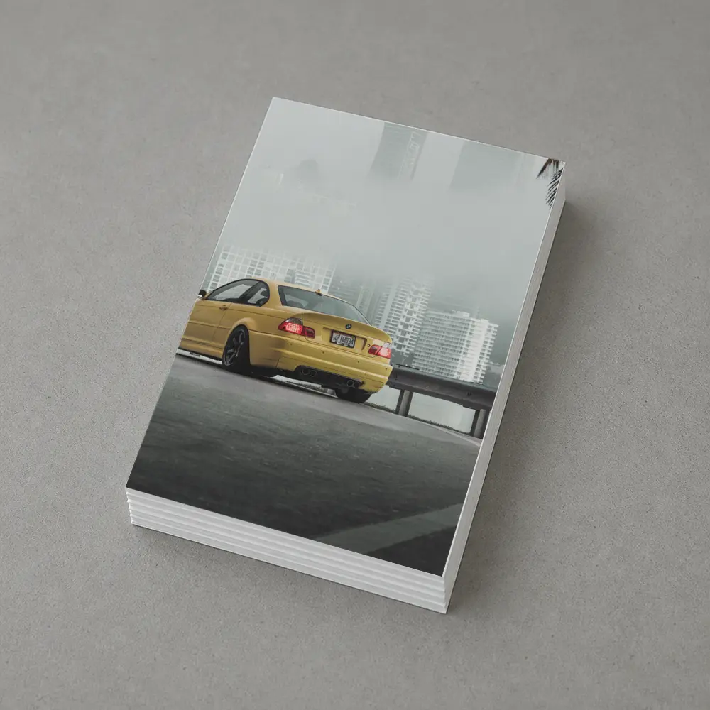 BMW M3 Yellow Coupe Foggy City Street – Postcards