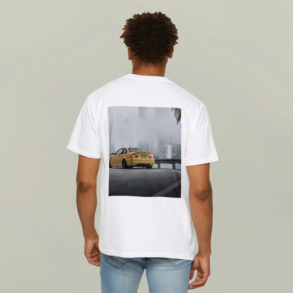 BMW M3 Yellow Coupe Foggy City Street – T-Shirts