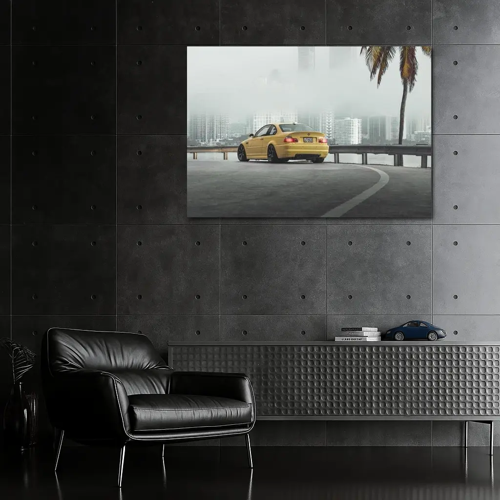 BMW M3 Yellow Coupe Foggy City Street – Wall Art