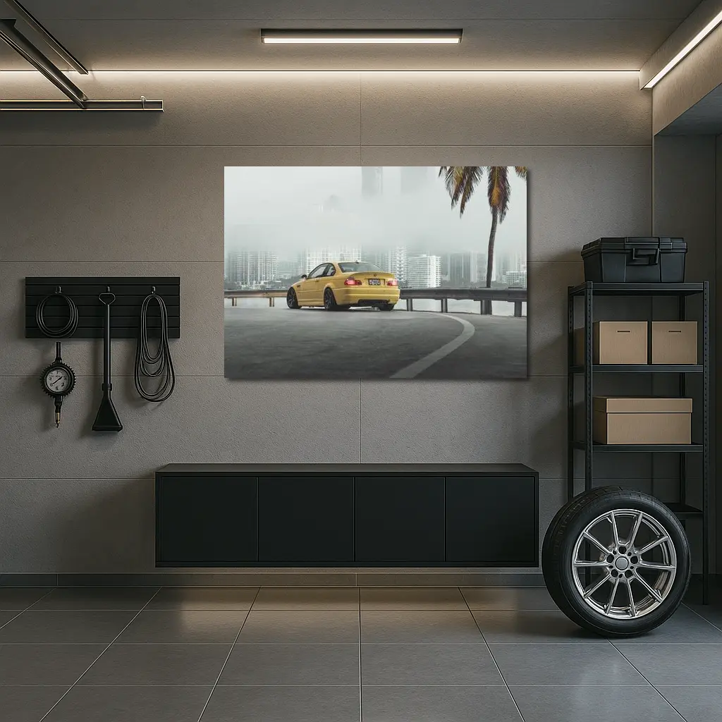 BMW M3 Yellow Coupe Foggy City Street – Wall Art