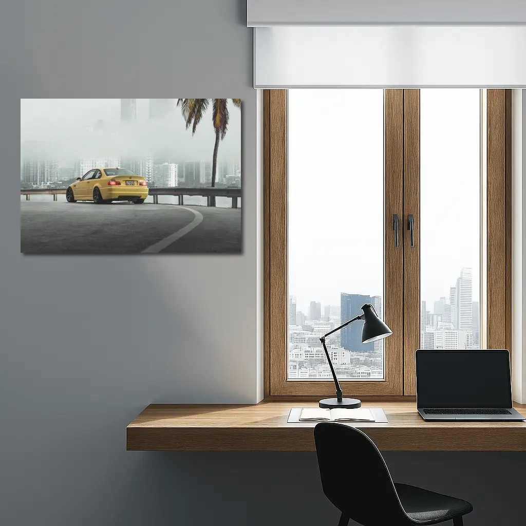BMW M3 Yellow Coupe Foggy City Street – Wall Art