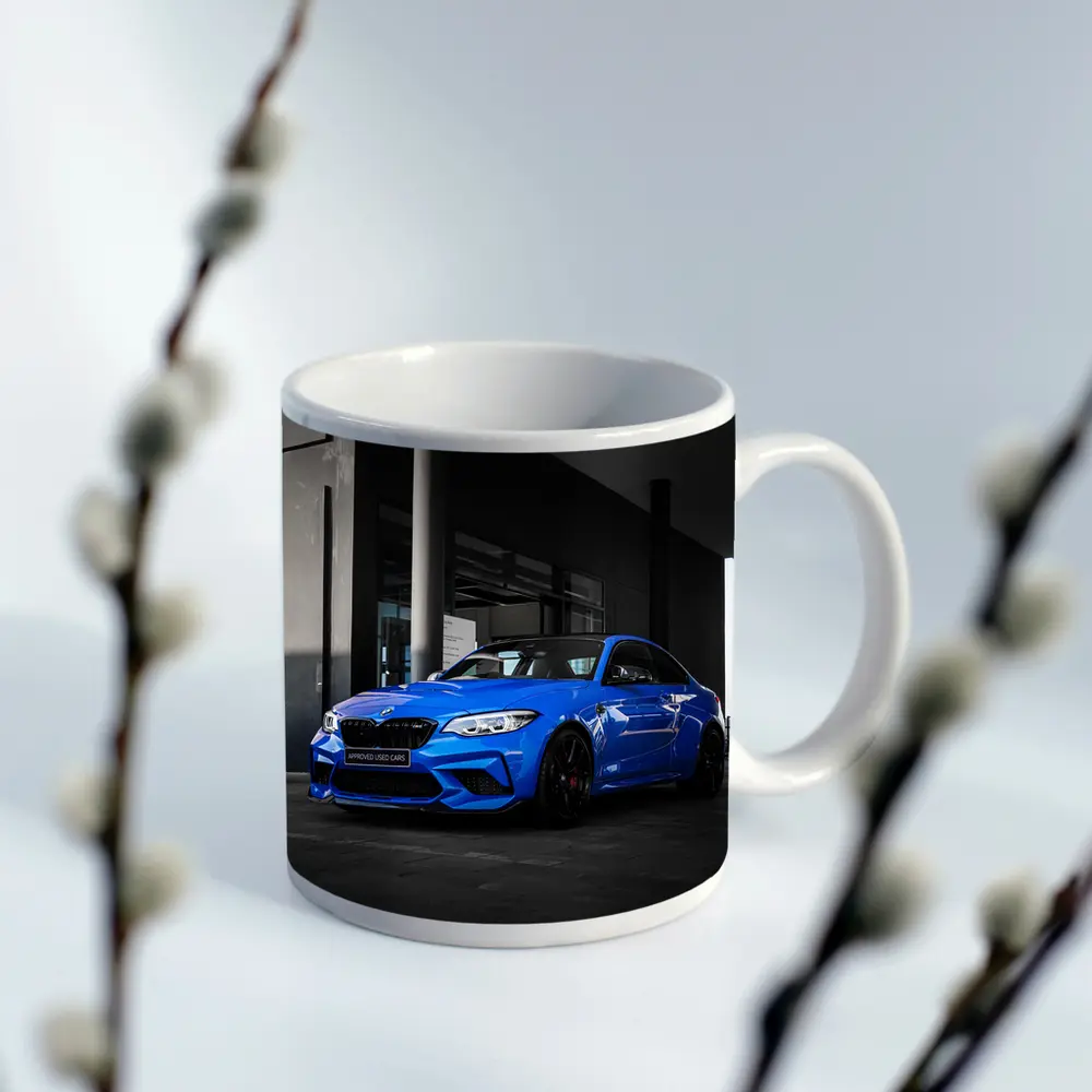 BMW M2 Blue Coupe Urban Parking Shot – Mugs