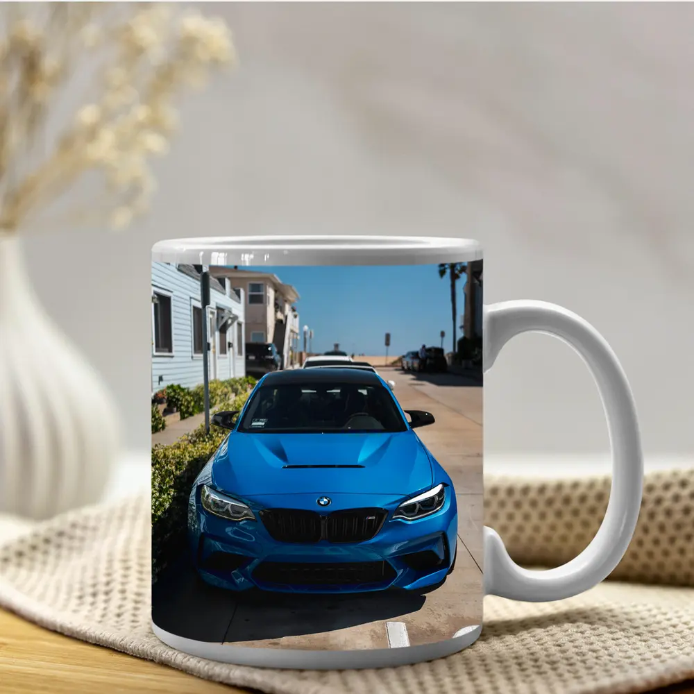 BMW M2 Blue Parked Coastal Street – Mugs