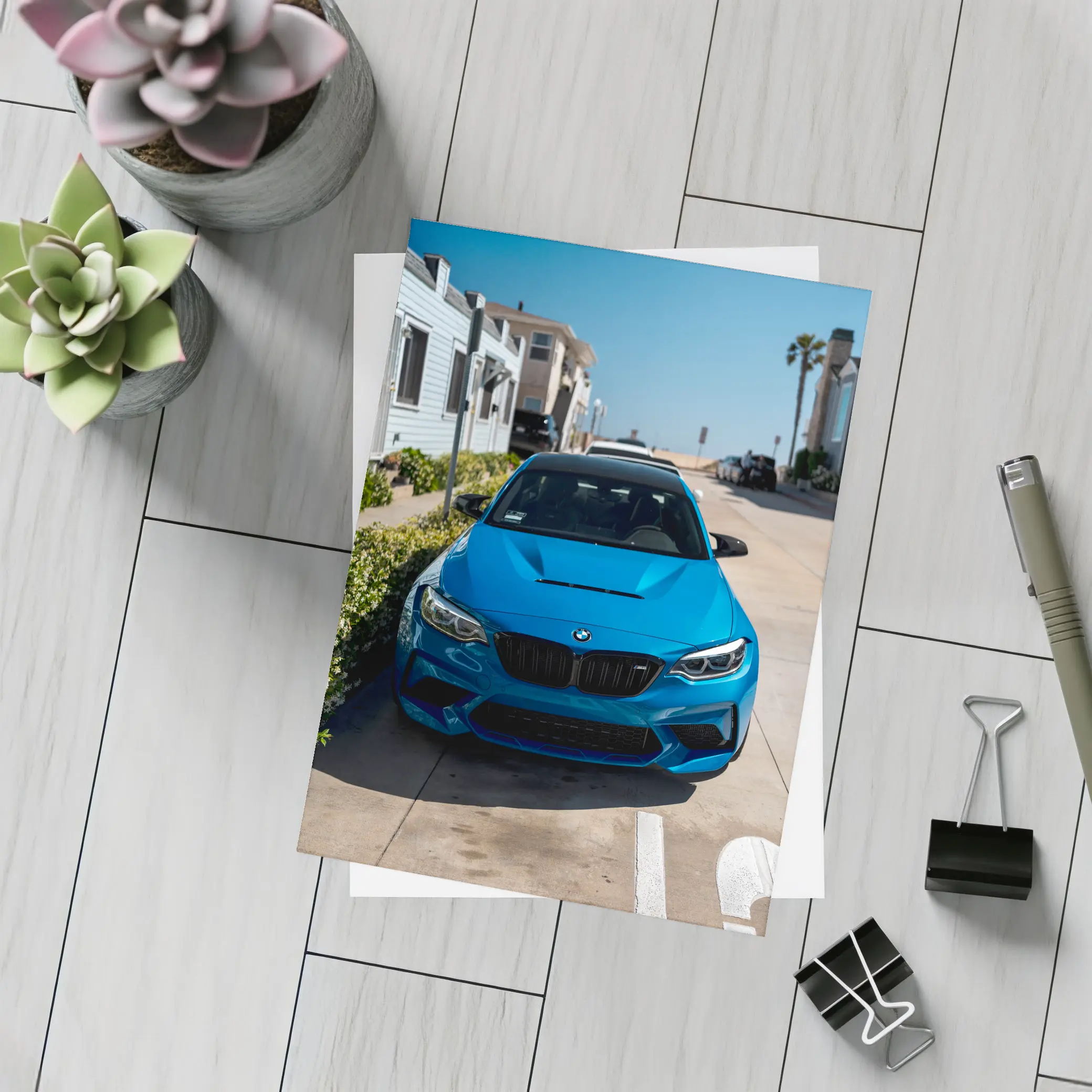 BMW M2 Blue Parked Coastal Street – Postcards
