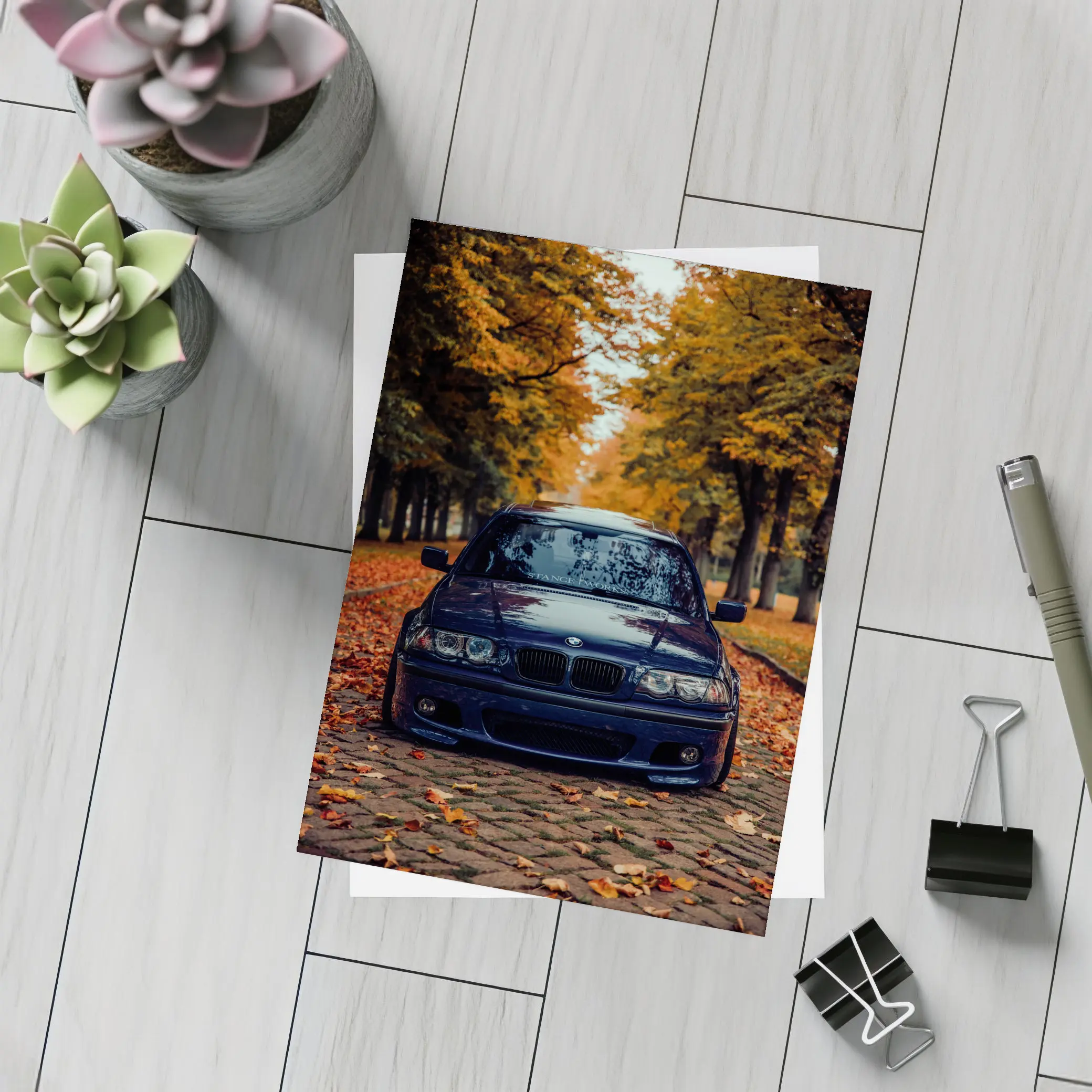 BMW E46 Dark Blue Cobblestone Autumn Avenue – Postcards