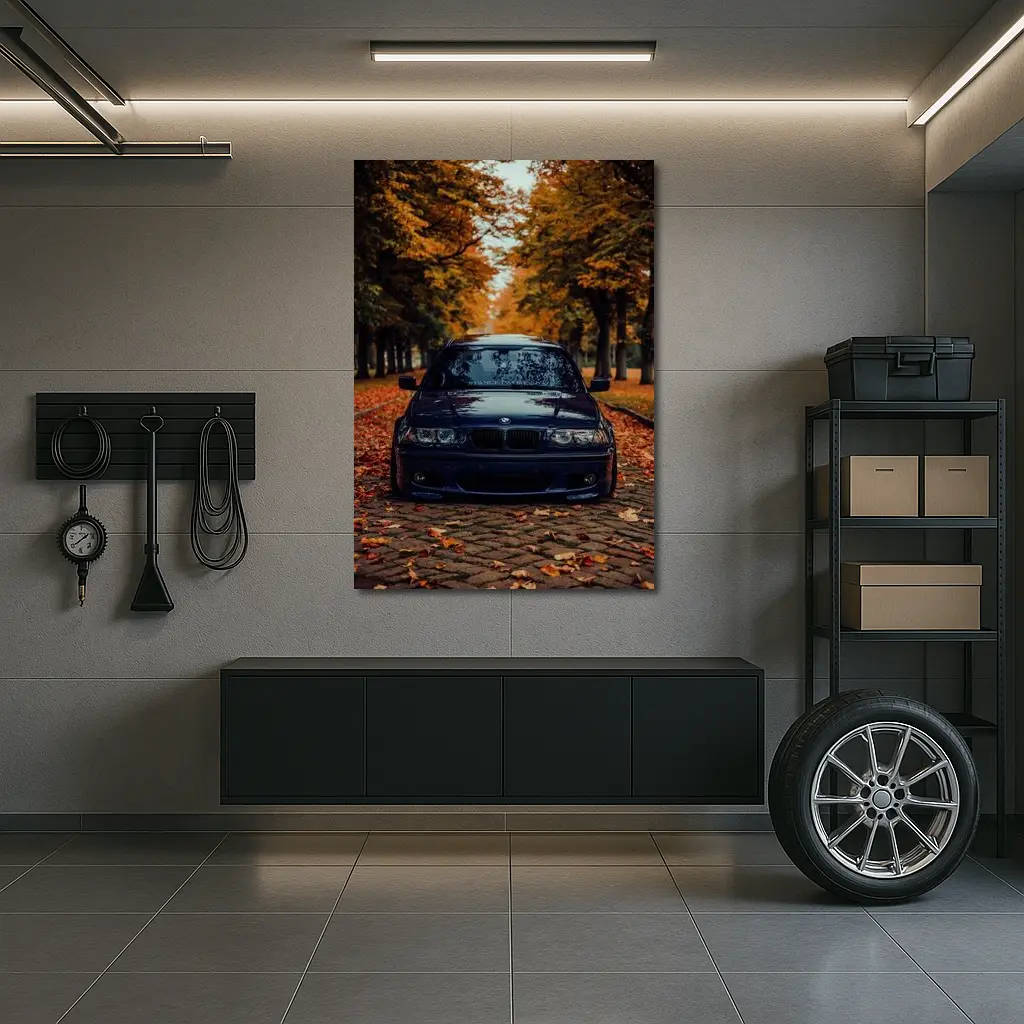BMW E46 Dark Blue Cobblestone Autumn Avenue – Wall Art