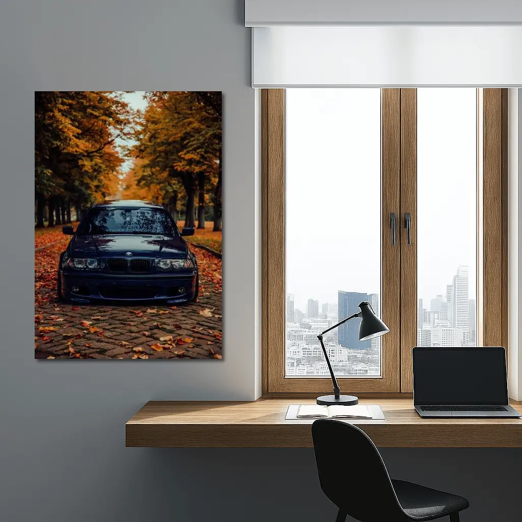 BMW E46 Dark Blue Cobblestone Autumn Avenue – Wall Art