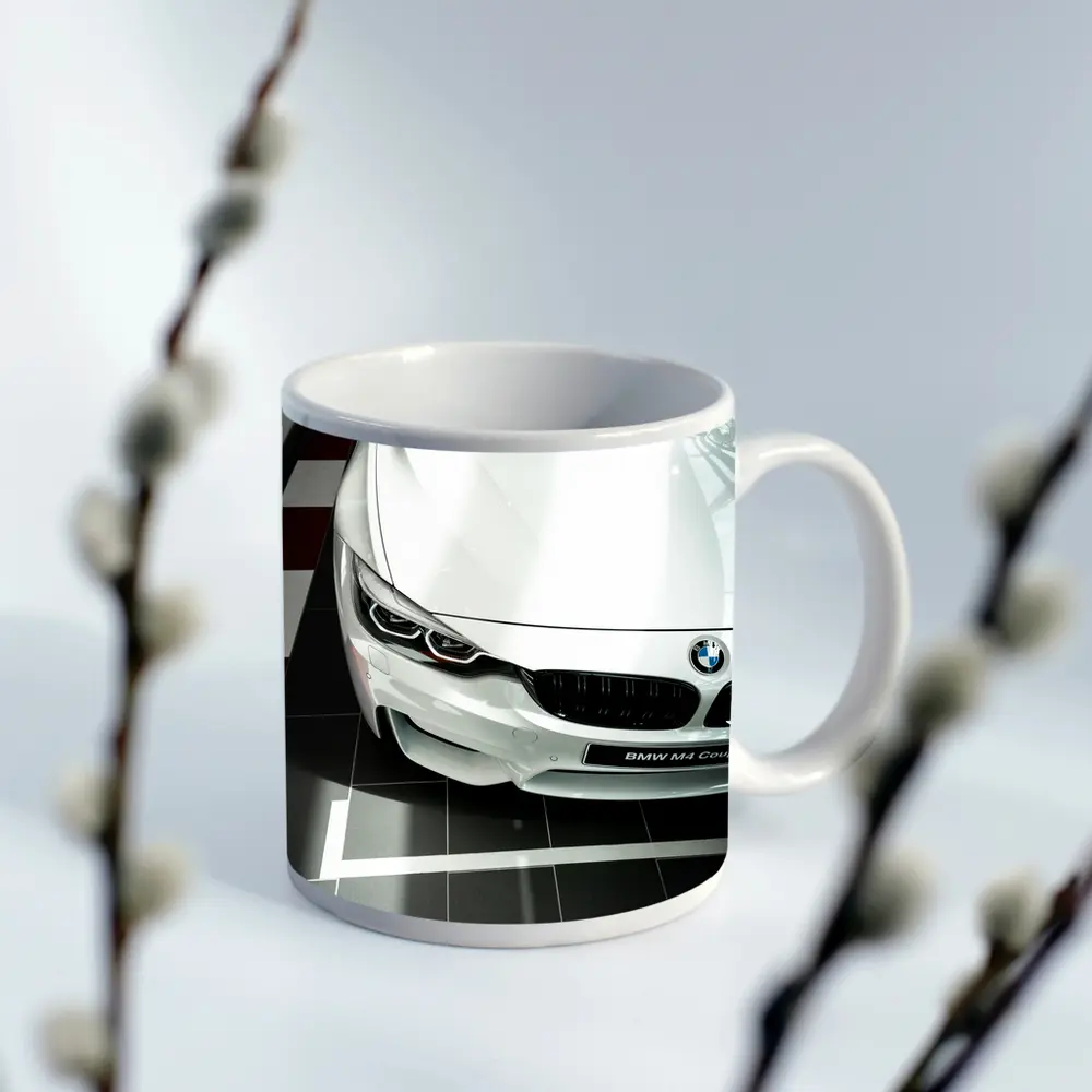 BMW M4 Coupe White Showroom Close Up – Mugs
