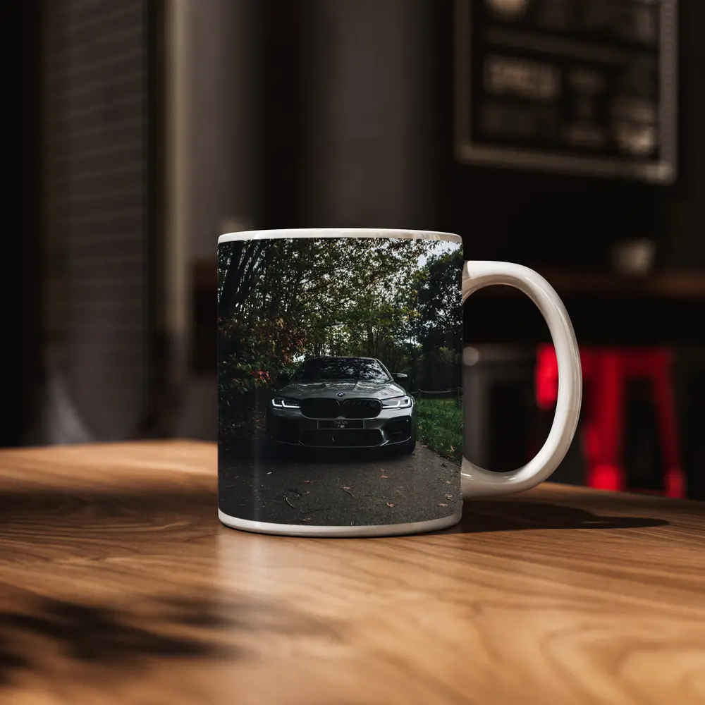 BMW M5 Front View Autumn Forest – Mugs