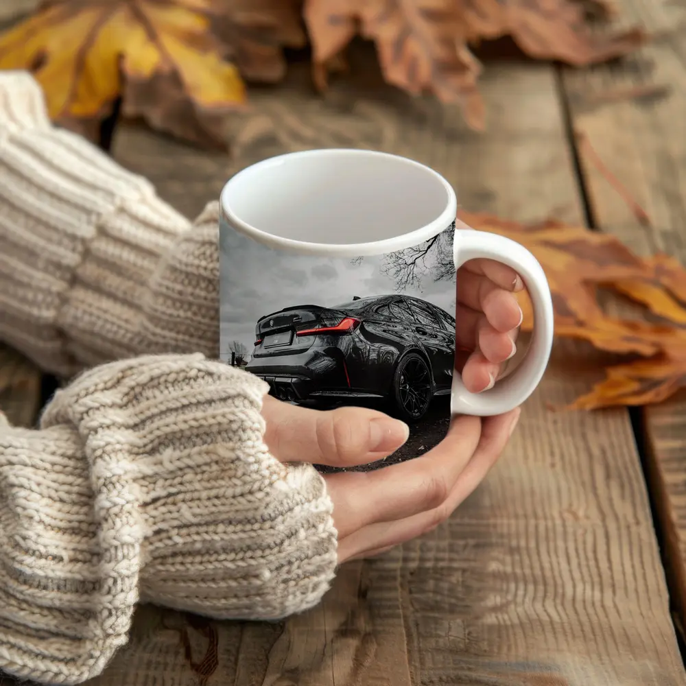 BMW M3 Black Sedan Wet Road Overcast – Mugs