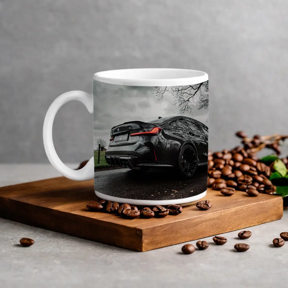 BMW M3 Black Sedan Wet Road Overcast – Mugs
