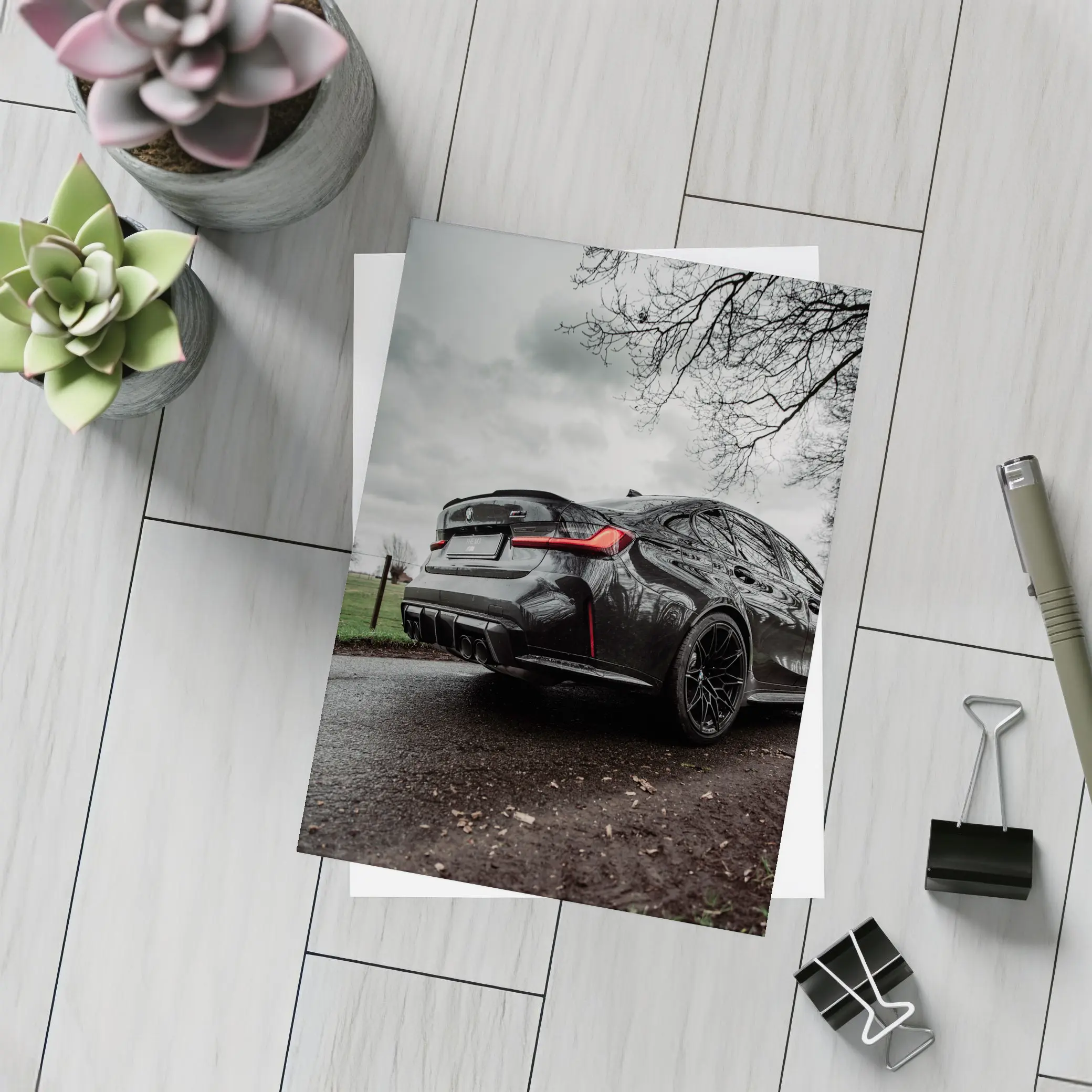 BMW M3 Black Sedan Wet Road Overcast – Postcards