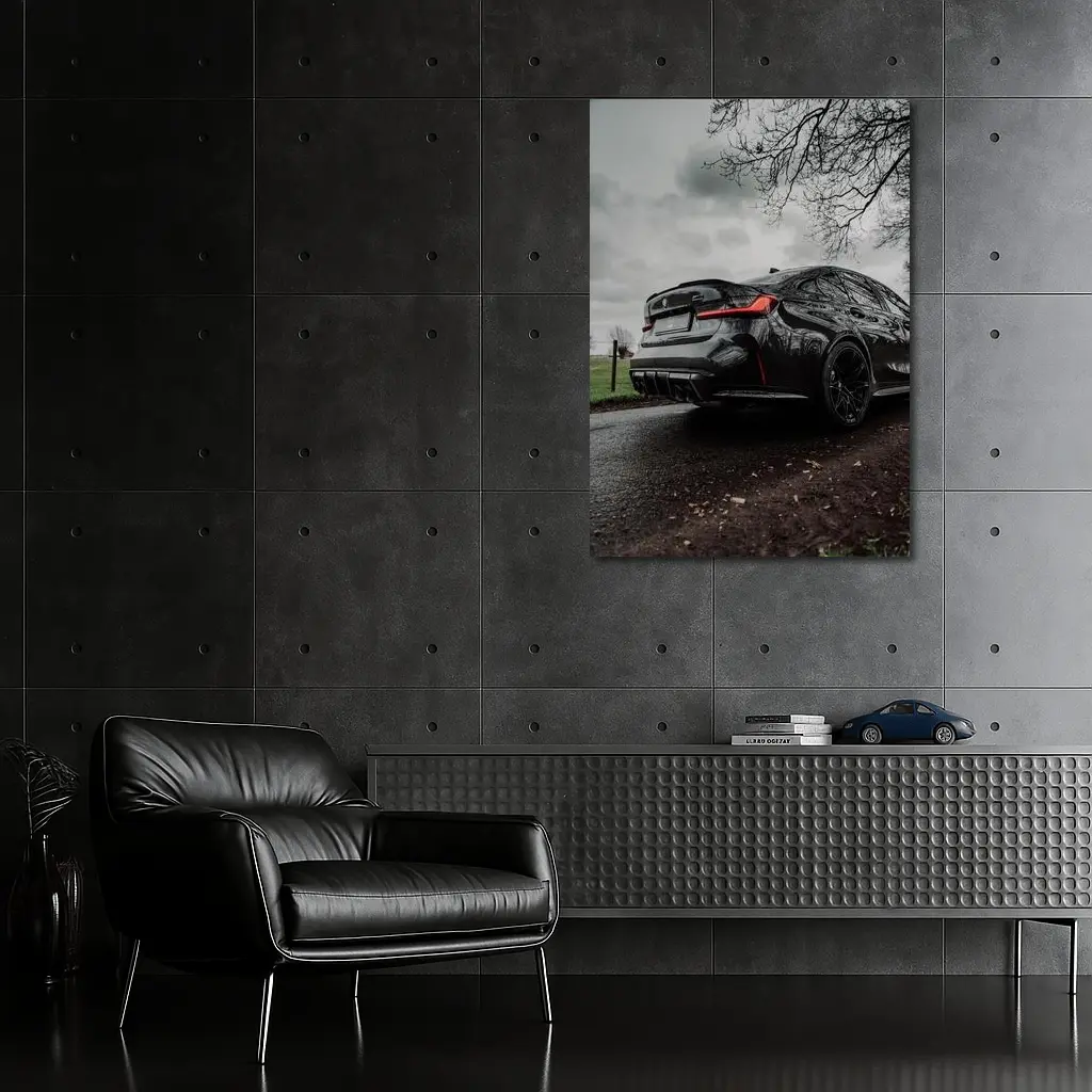 BMW M3 Black Sedan Wet Road Overcast – Wall Art