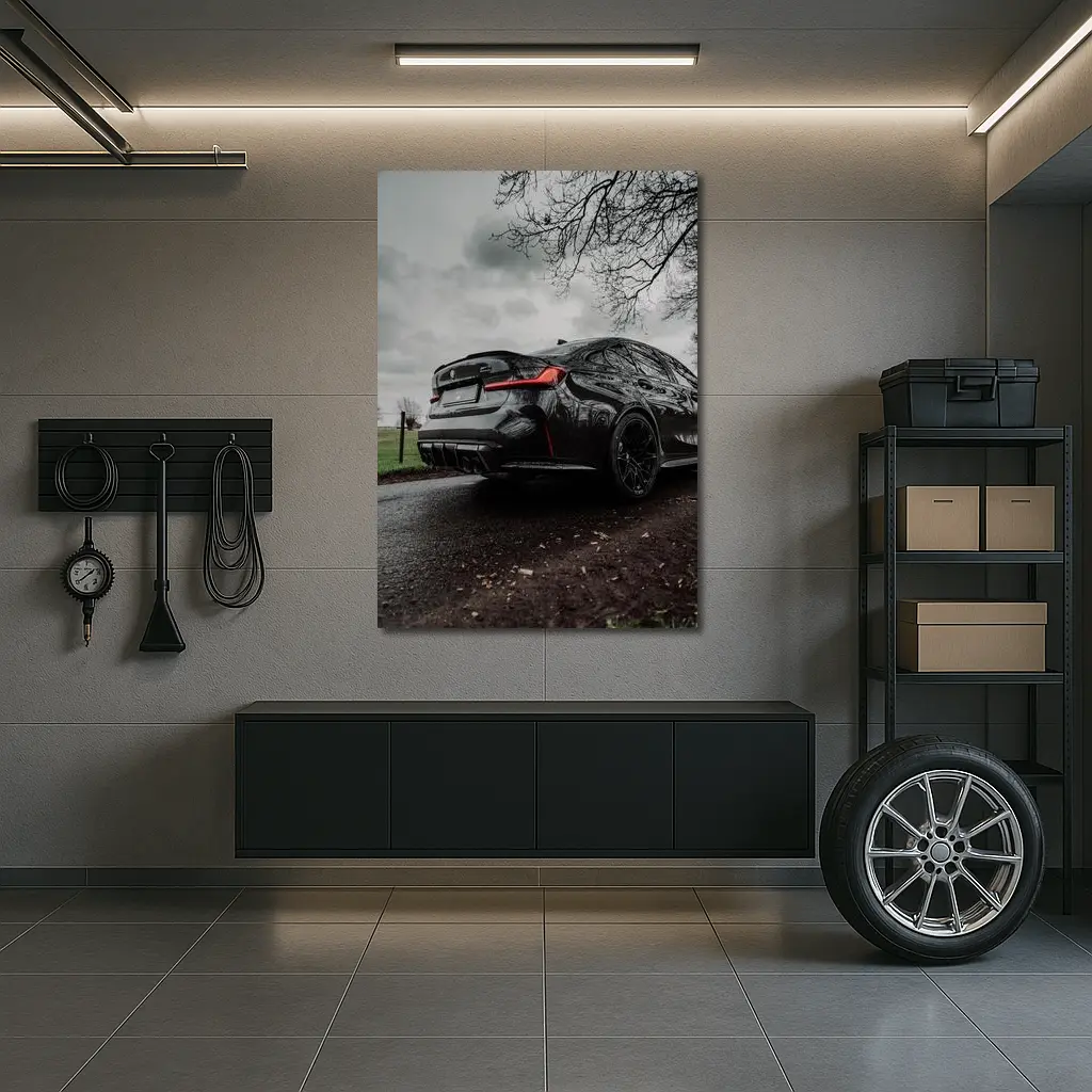 BMW M3 Black Sedan Wet Road Overcast – Wall Art