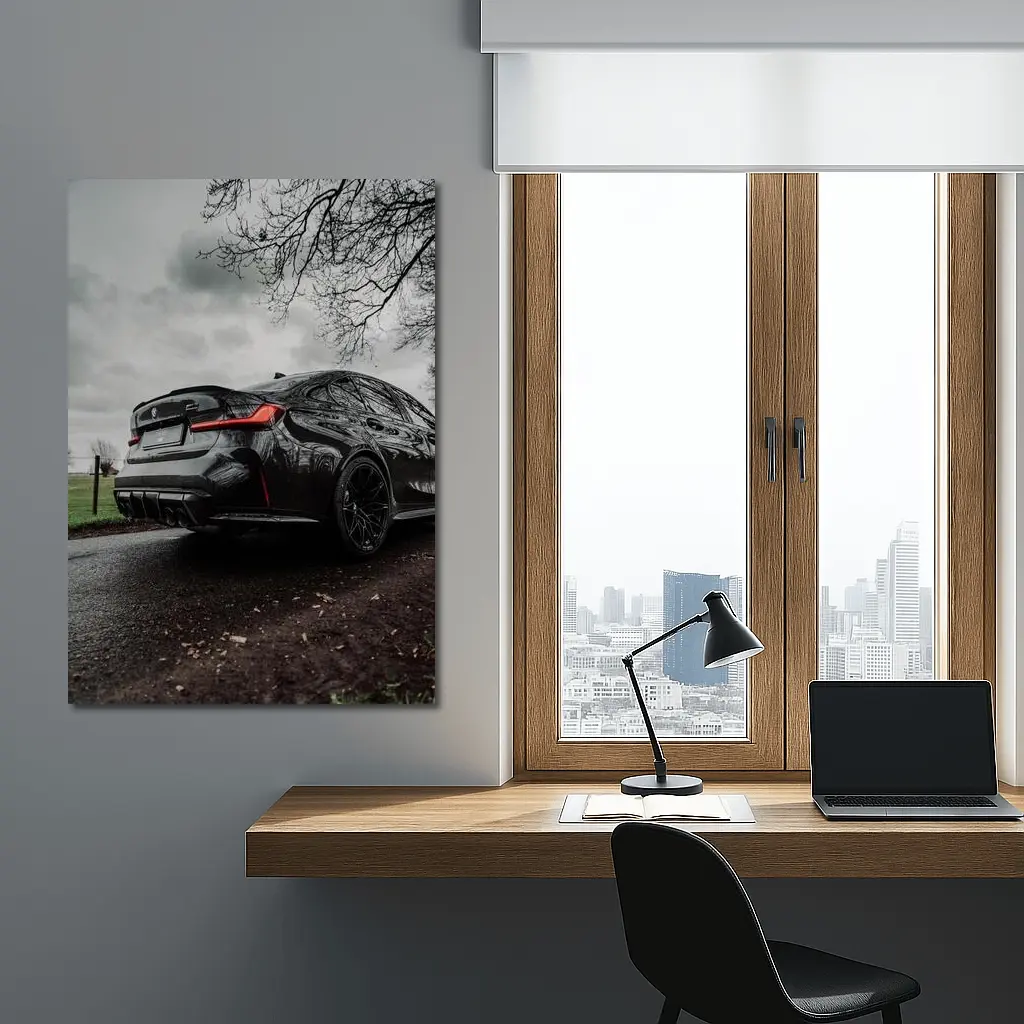 BMW M3 Black Sedan Wet Road Overcast – Wall Art