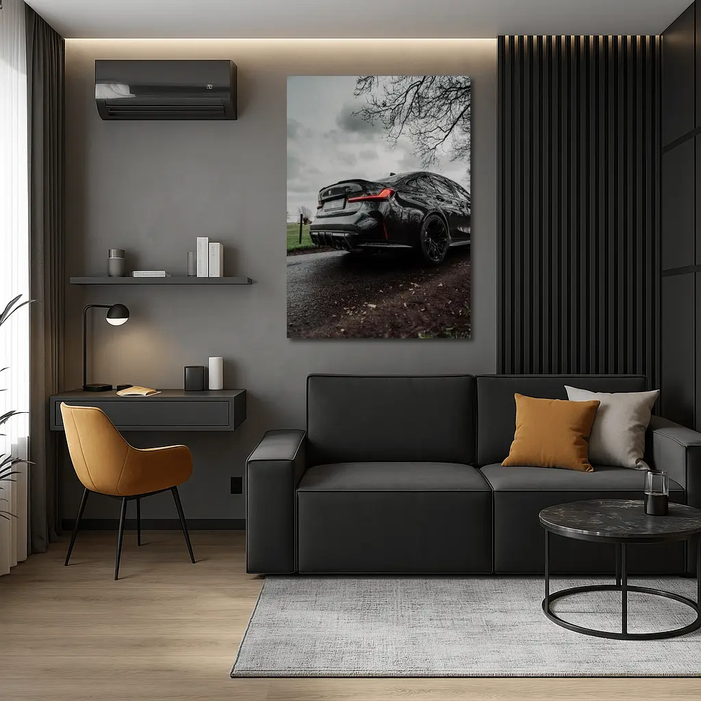 BMW M3 Black Sedan Wet Road Overcast – Wall Art