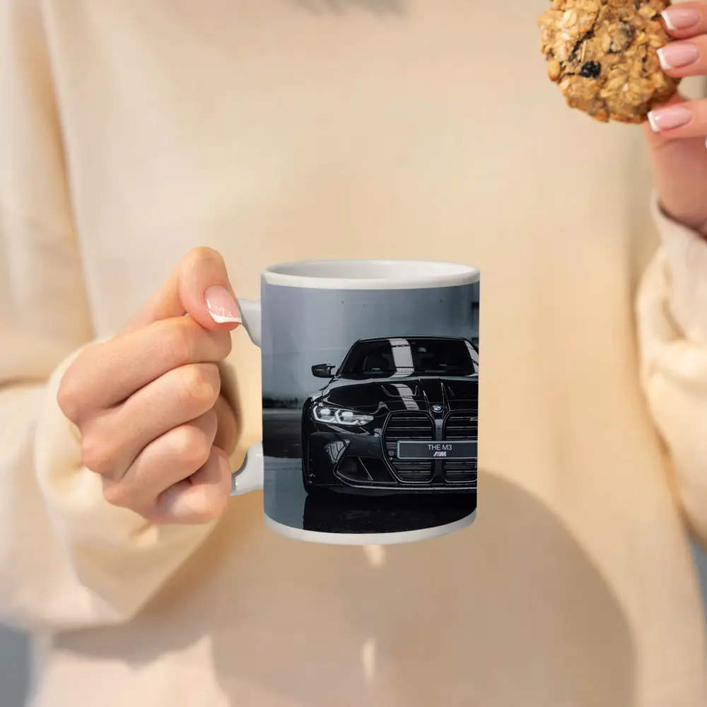 BMW M3 Black Front View Wet Pavement – Mugs