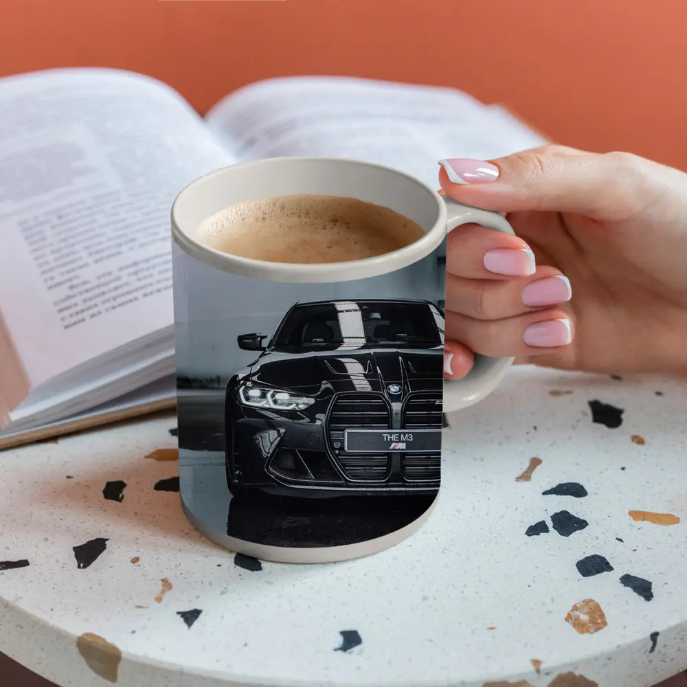 BMW M3 Black Front View Wet Pavement – Mugs