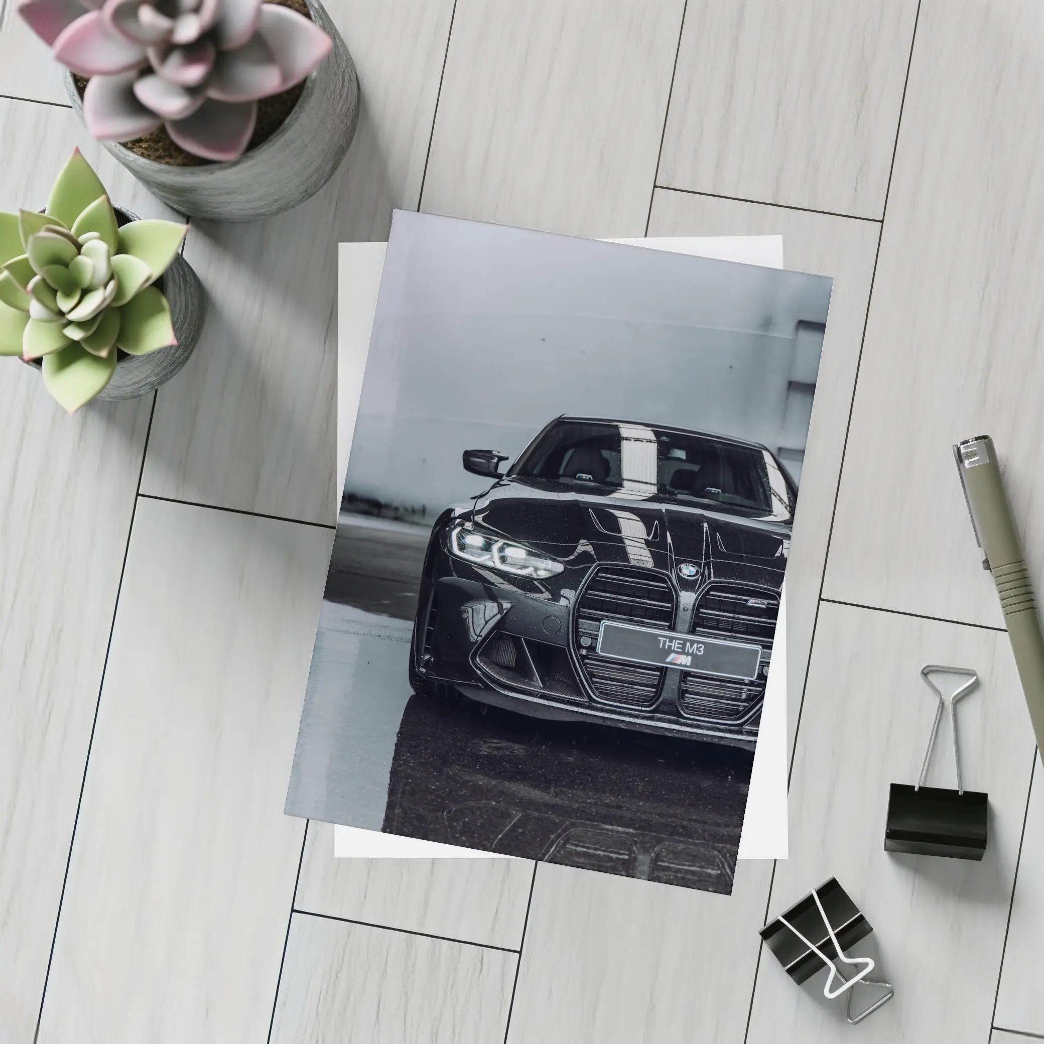 BMW M3 Black Front View Wet Pavement – Postcards