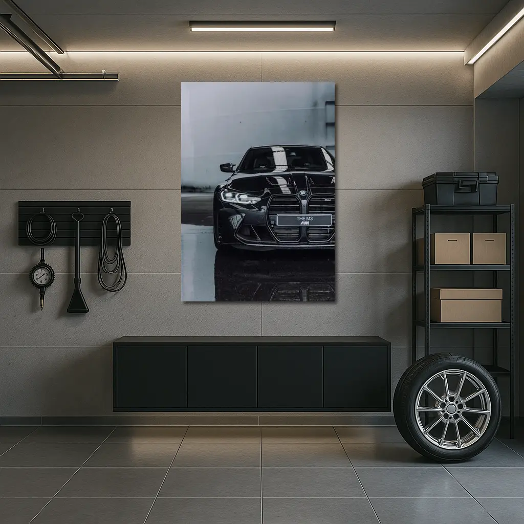 BMW M3 Black Front View Wet Pavement – Wall Art