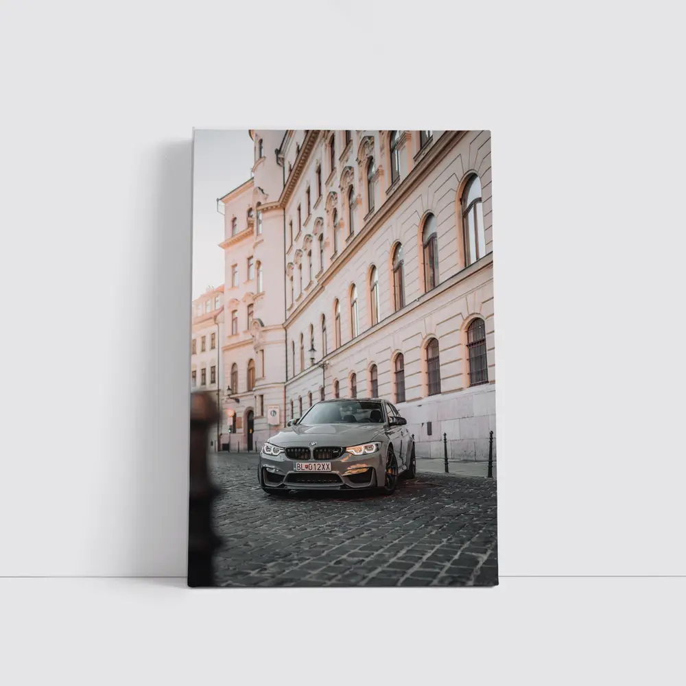BMW M3 Gray Parked On Cobblestone Street – Wall Art