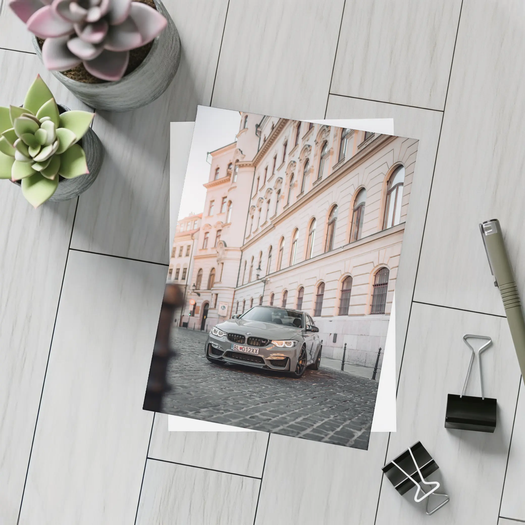 BMW M3 Gray Parked On Cobblestone Street – Postcards