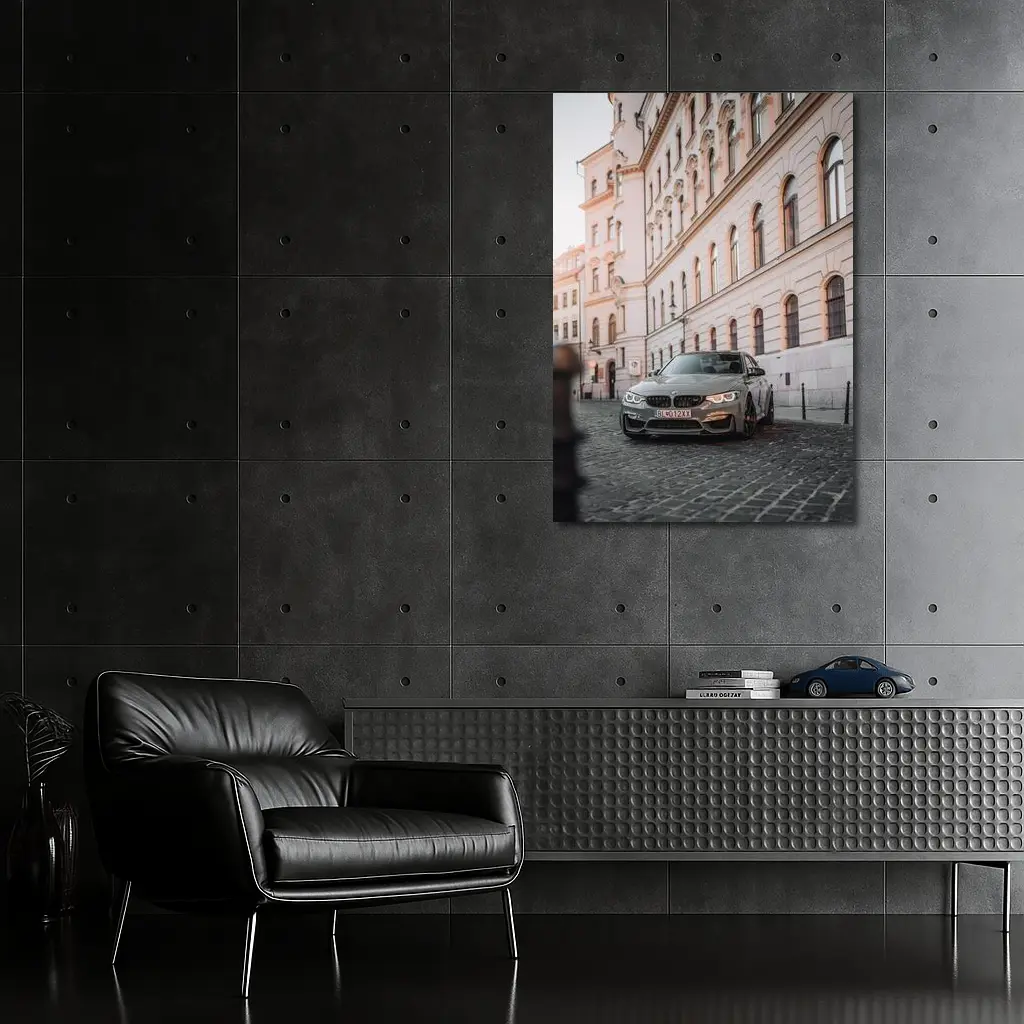 BMW M3 Gray Parked On Cobblestone Street – Wall Art
