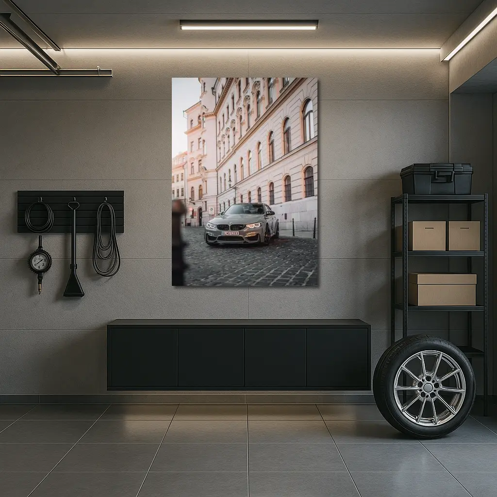 BMW M3 Gray Parked On Cobblestone Street – Wall Art