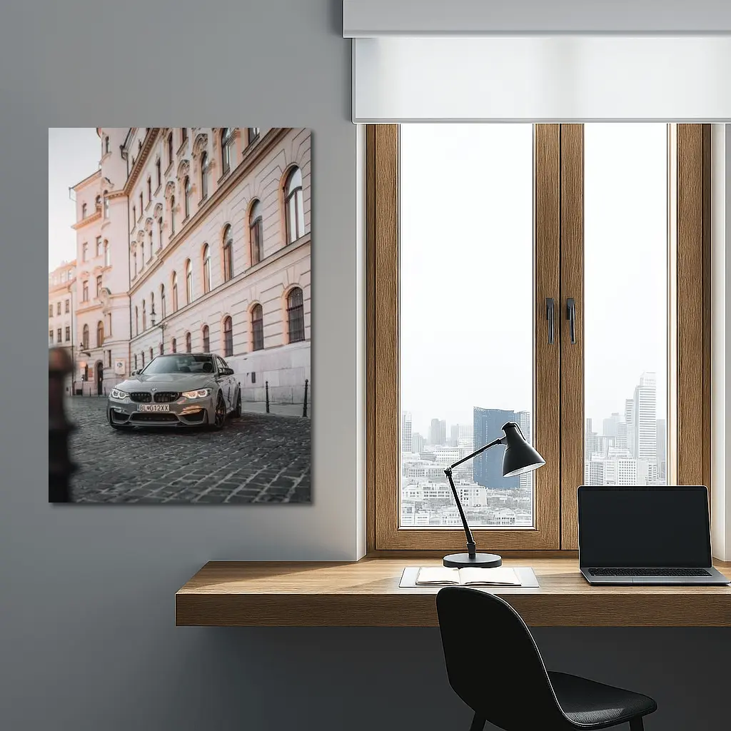 BMW M3 Gray Parked On Cobblestone Street – Wall Art