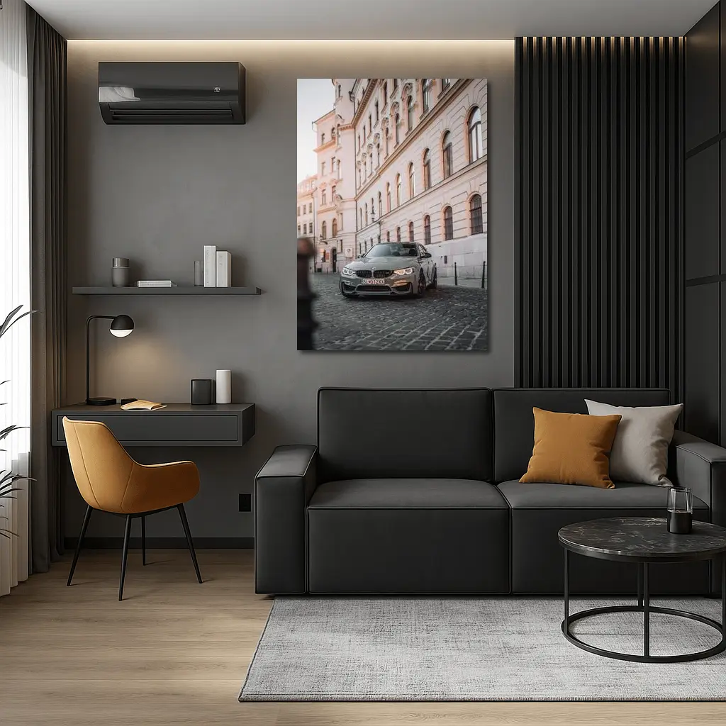BMW M3 Gray Parked On Cobblestone Street – Wall Art