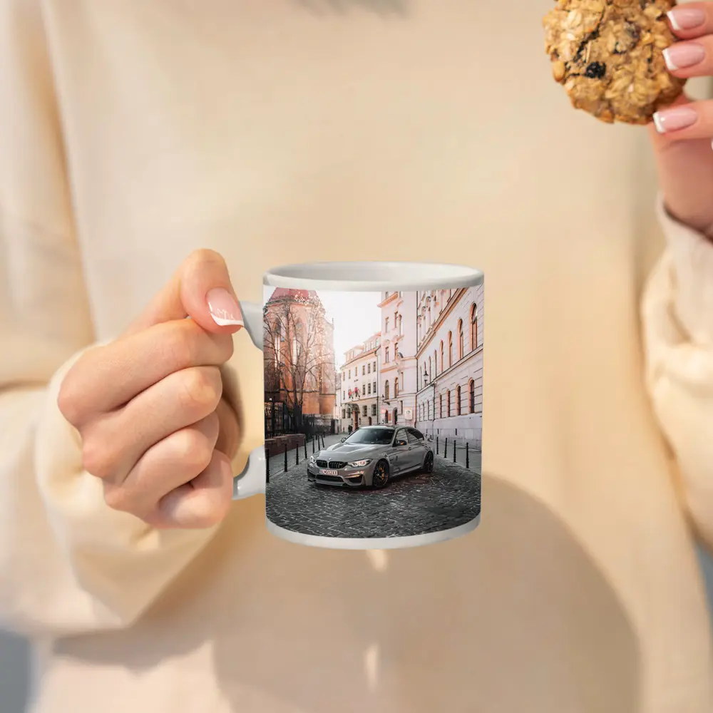 BMW M3 Silver Sedan European Cobblestone Street – Mugs