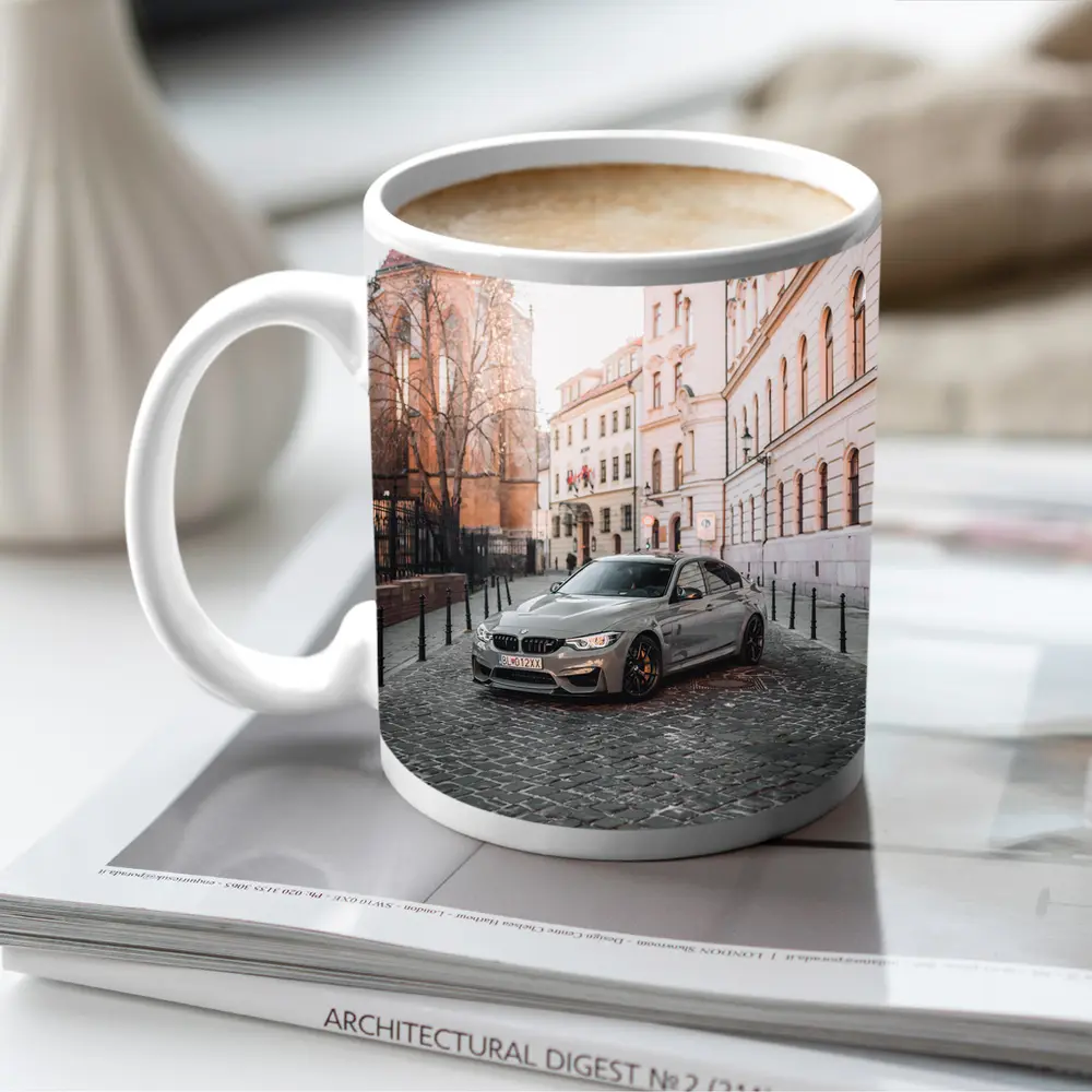 BMW M3 Silver Sedan European Cobblestone Street – Mugs