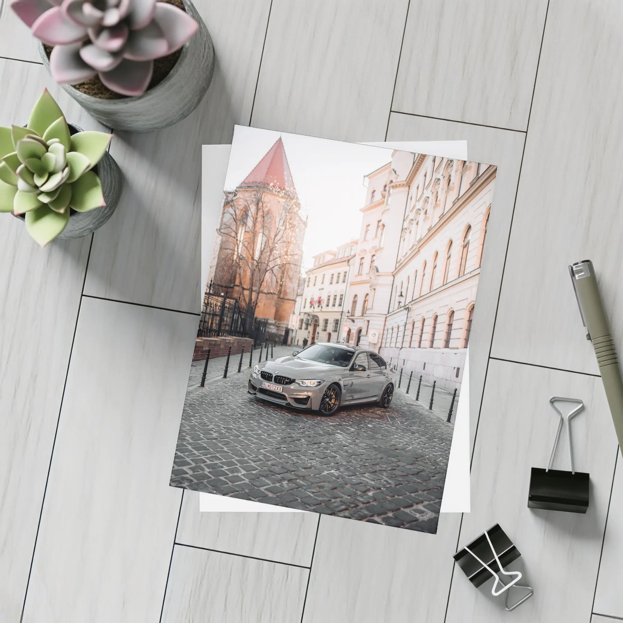 BMW M3 Silver Sedan European Cobblestone Street – Postcards
