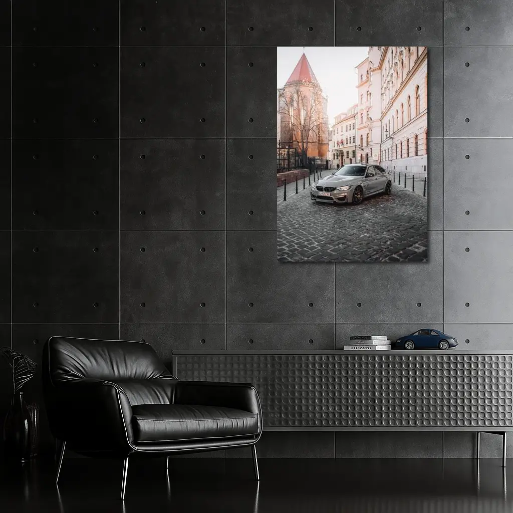 BMW M3 Silver Sedan European Cobblestone Street – Wall Art