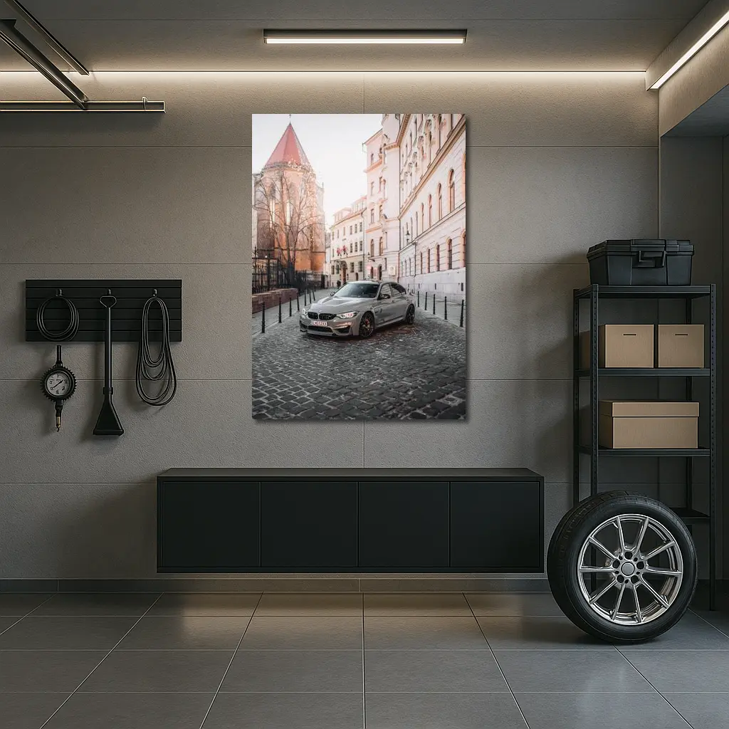 BMW M3 Silver Sedan European Cobblestone Street – Wall Art