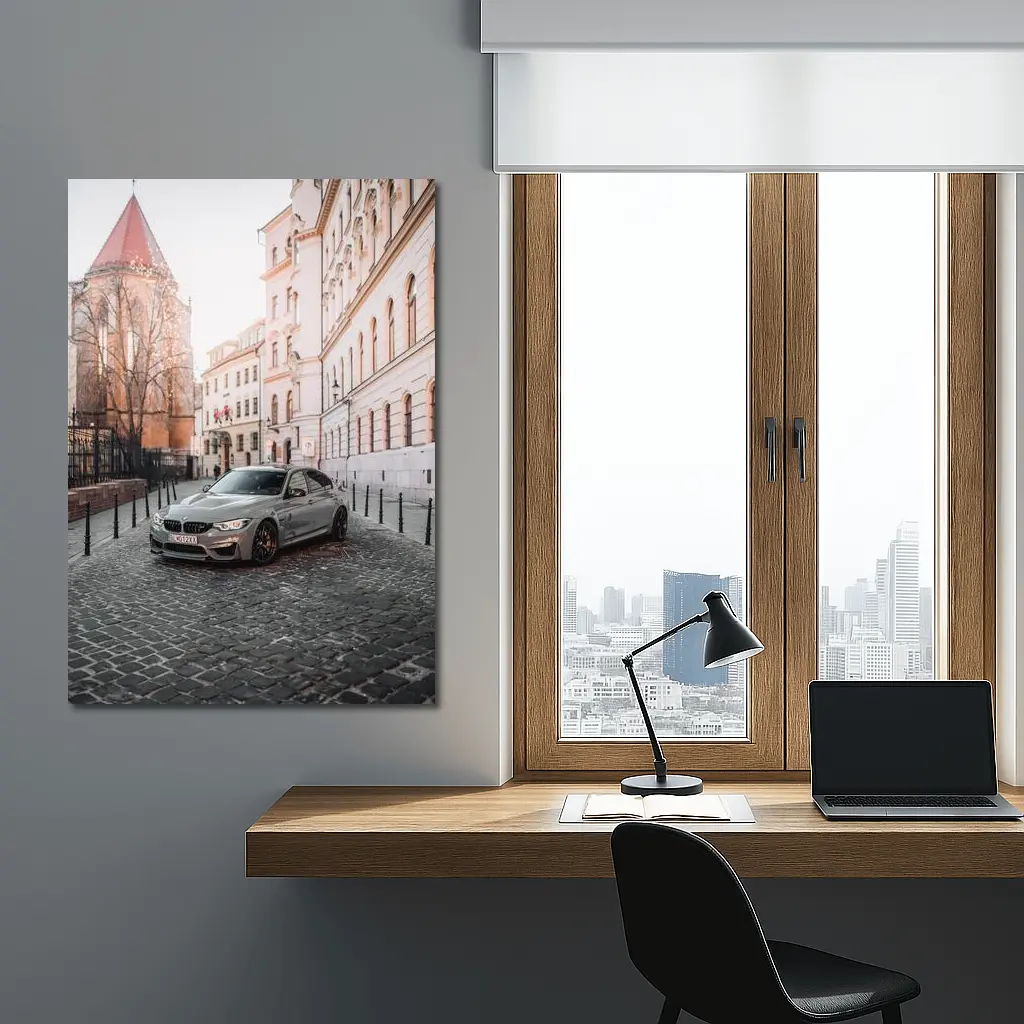 BMW M3 Silver Sedan European Cobblestone Street – Wall Art
