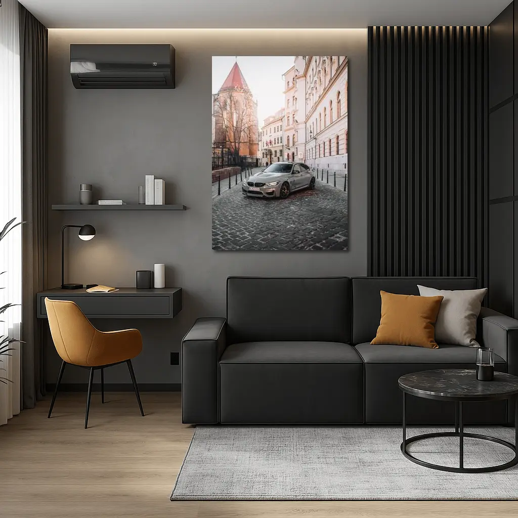 BMW M3 Silver Sedan European Cobblestone Street – Wall Art