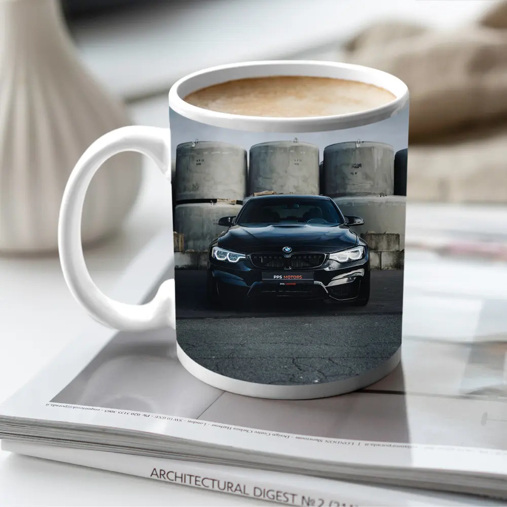 Black BMW M4 Front View Industrial Background – Mugs