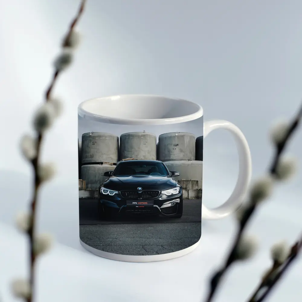Black BMW M4 Front View Industrial Background – Mugs