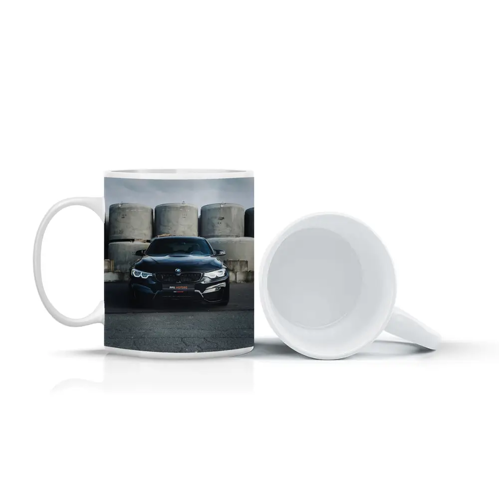 Black BMW M4 Front View Industrial Background – Mugs