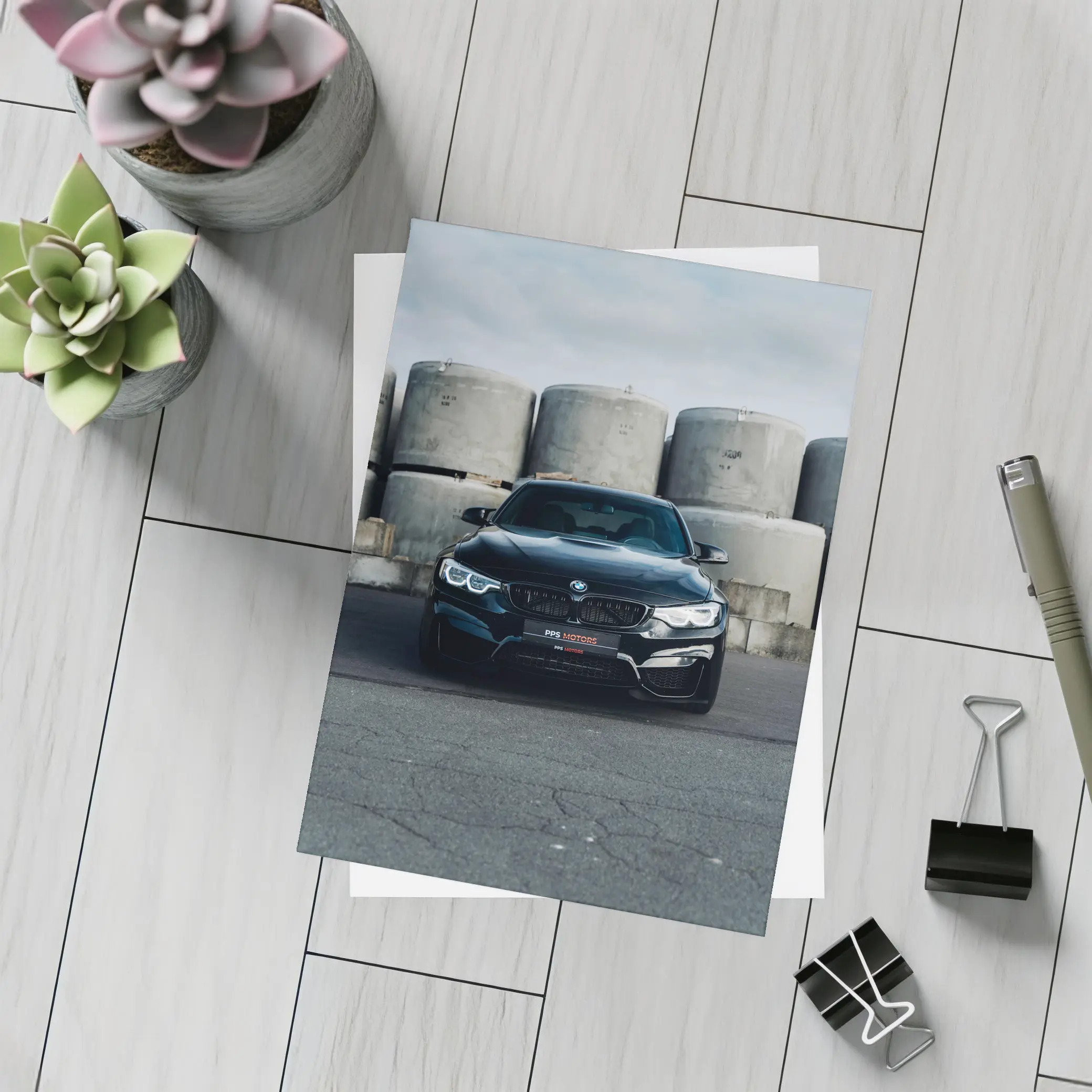 Black BMW M4 Front View Industrial Background – Postcards